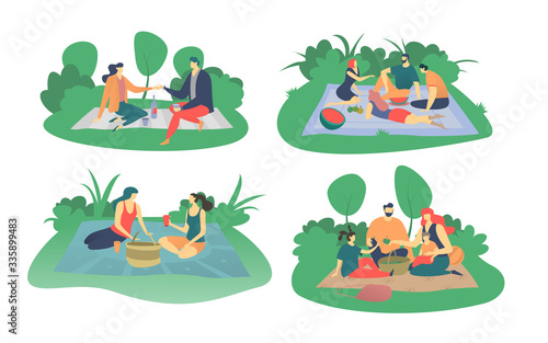 People have picnic in park, vector illustration isolated on white, flat style. Happy family with kids or group of friends sits on green grass, eats and drinks on picnic, spend summer weekend outdoors.