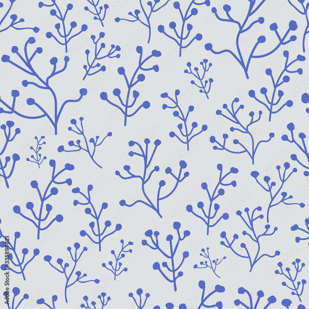Vector seamless floral pattern on the blue background. Modern minimalistic texture. For flat design, textile, cover, poste, wallpaper, web banners design. Spring linear flower.