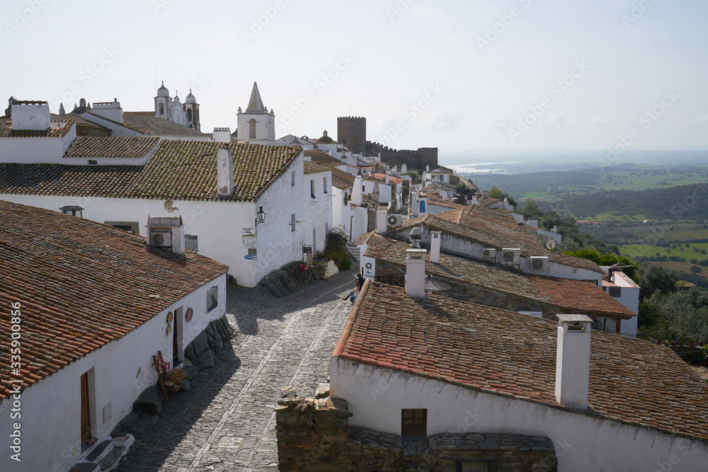 Monsaraz village street with white houses in Alentejo, Portugal