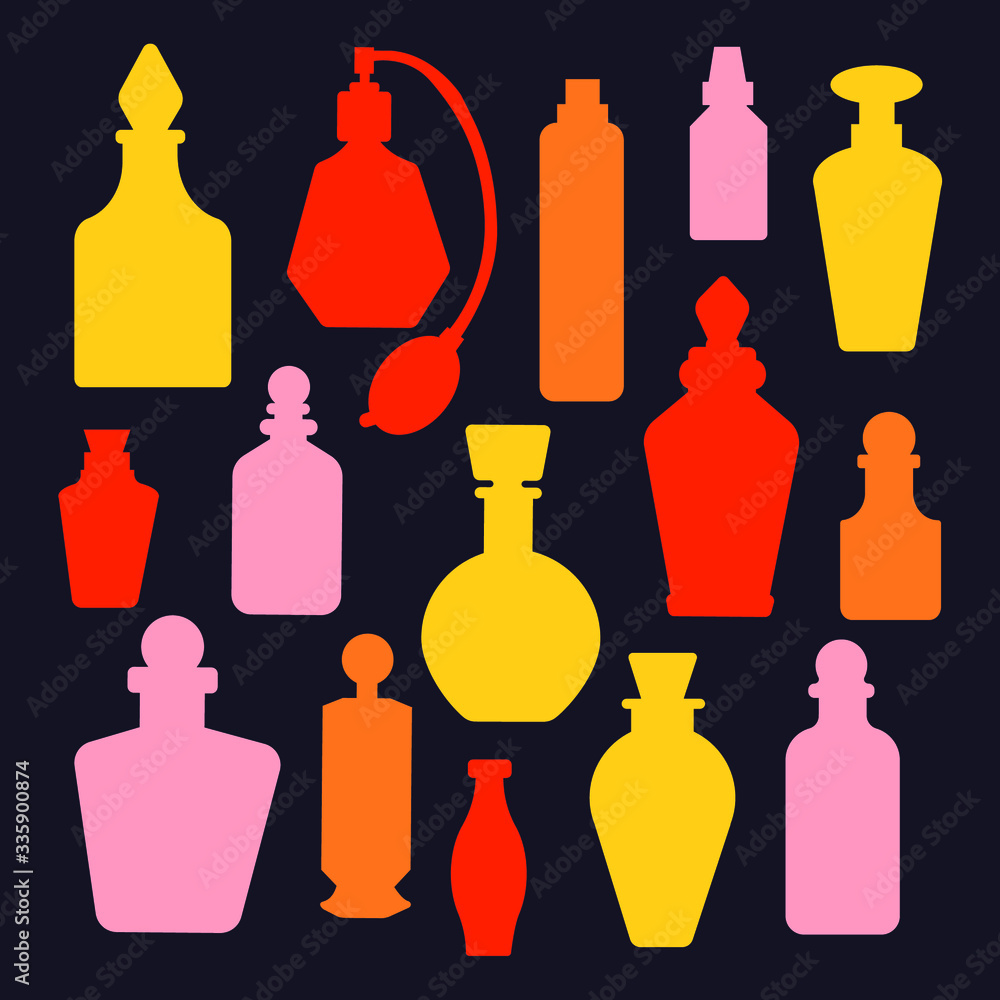 Vector colourful cartoon set of perfume bottles silhouette on the dark background. Yellow pink orange colors. All elements are isolated. For flat design, poster, web banner, cover. Cosmetology beauty. Vector colourful cartoon set of perfume bottles silhouette on the dark background. Yellow pink orange colors. All elements are isolated. For flat design, poster, web banner, cover. Cosmetology beauty.