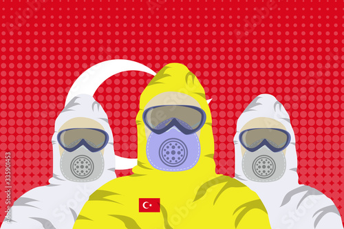 Illustration vector graphic of image health workers in protective hazmat suit isolated on Turkey flag background. Safety virus infection concept. Concept of coronavirus quarantine. covid-19.