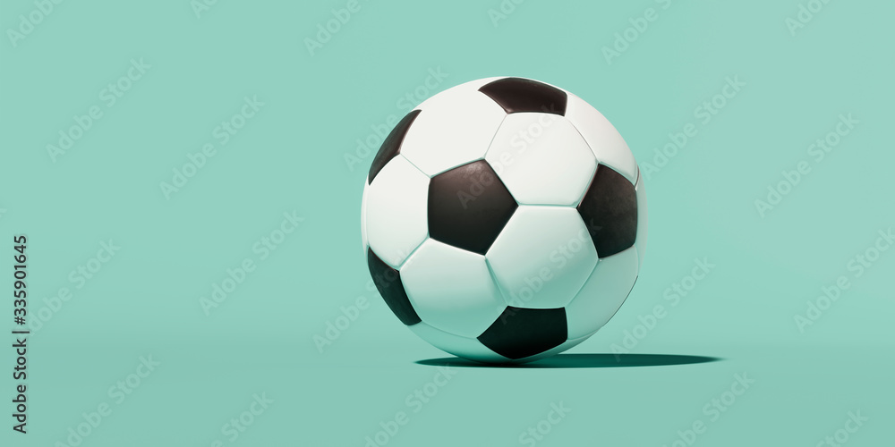 Obraz premium 3d image, black and white classic soccer ball on a green background, place for text, banner, icon, wallpaper