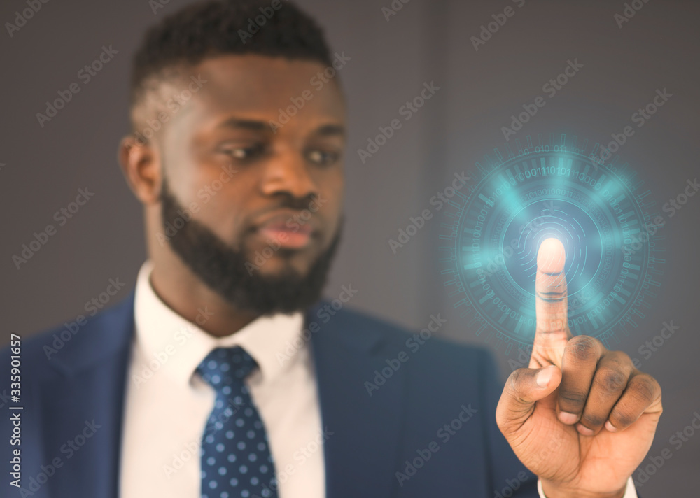 Businessman Touching Virtual Panel Scanning Fingerprint For Access In Office Businessman Touching Virtual Panel Scanning Fingerprint For Access In Office