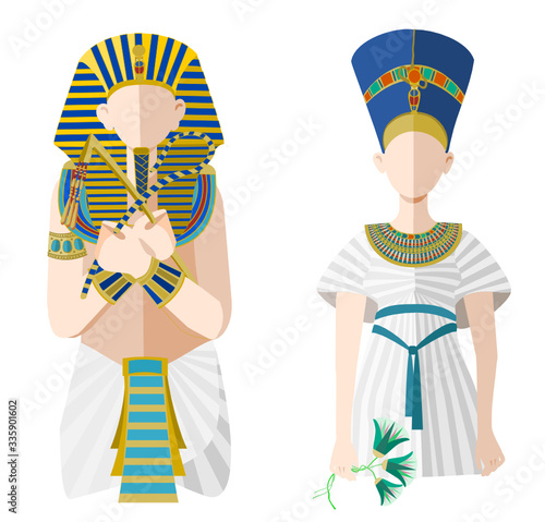 King Tut (Tutankhamen) and queen Nefertiti flat vector illustration isolated on a white background. Ancient Egypt theme