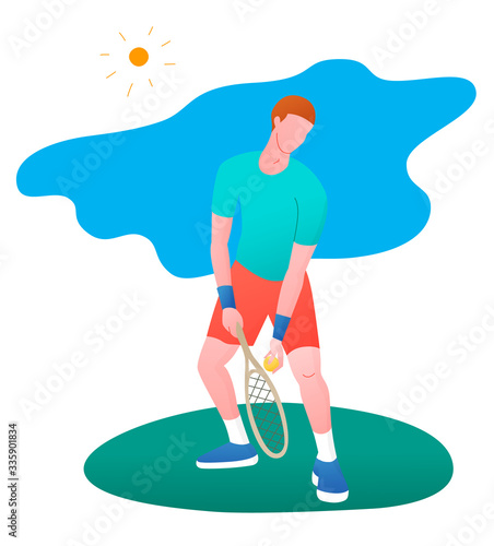 Boy playing tennis. Vector illustration in a flat style. Isolated on a white background. Sports concept.