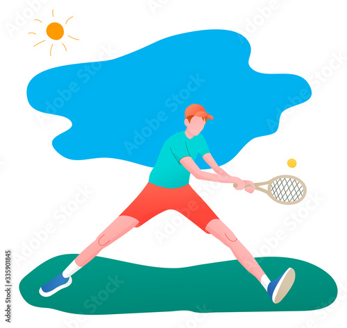 Boy playing tennis. Vector illustration in a flat style. Isolated on a white background. Sports concept.