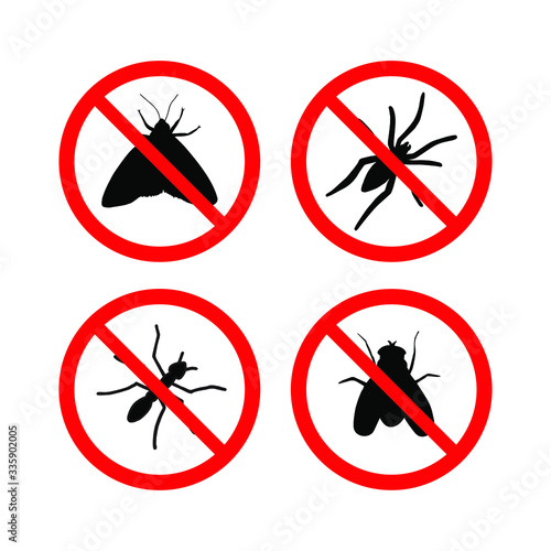 Vector set bundle of black insects silhouette crossed in red circle isolated on white background. Pest sign illustration