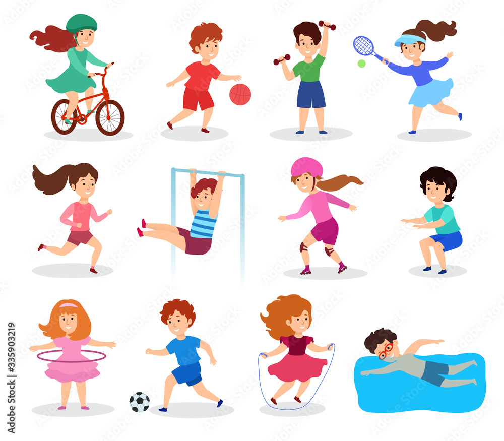 Kids do sport, vector illustration, flat style. Children characters, isolated on white, practicing different sports, physical activities and play. Sportsman sections for boys and girls.