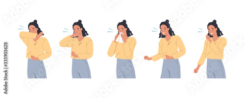 Female character sneezing and coughing right and wrong. Woman coughing in arm, elbow, tissue. Prevention against virus and infection. Vector illustration in a flat style