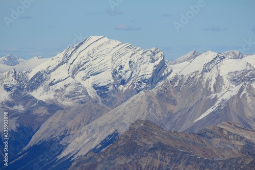 Zoom in photo at the summit of Mount Temple, view towards Cataract Peak Pipestone Valley to the left, Banff National Park, Canadian Rockies