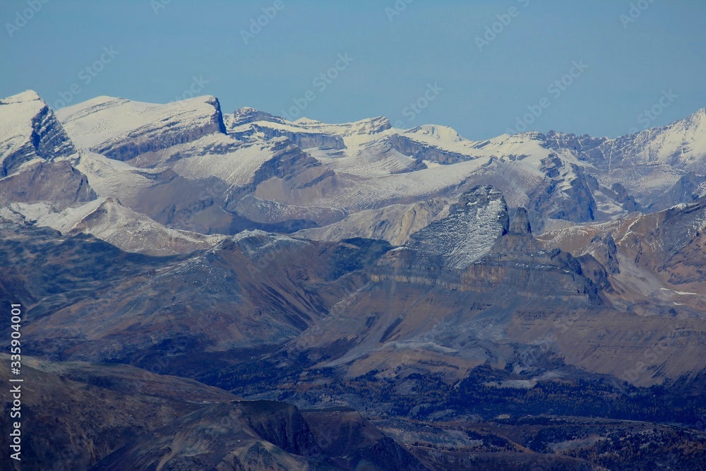Zoom in photo at the summit of Mount Temple, view towards Molar Peak and the Molar Meadows, Banff National Park, Canadian Rockies