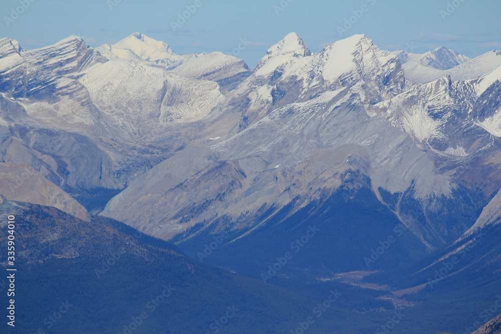 Zoom in photo at the summit of Mount Temple, View towards Cataract Peak and the Pipestone Valley, Banff national Park, Canadian Rockies