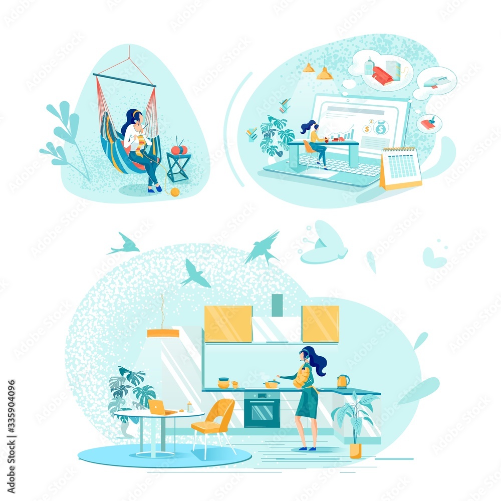 Women with Home Jobs Flat Vector Illustrations Set