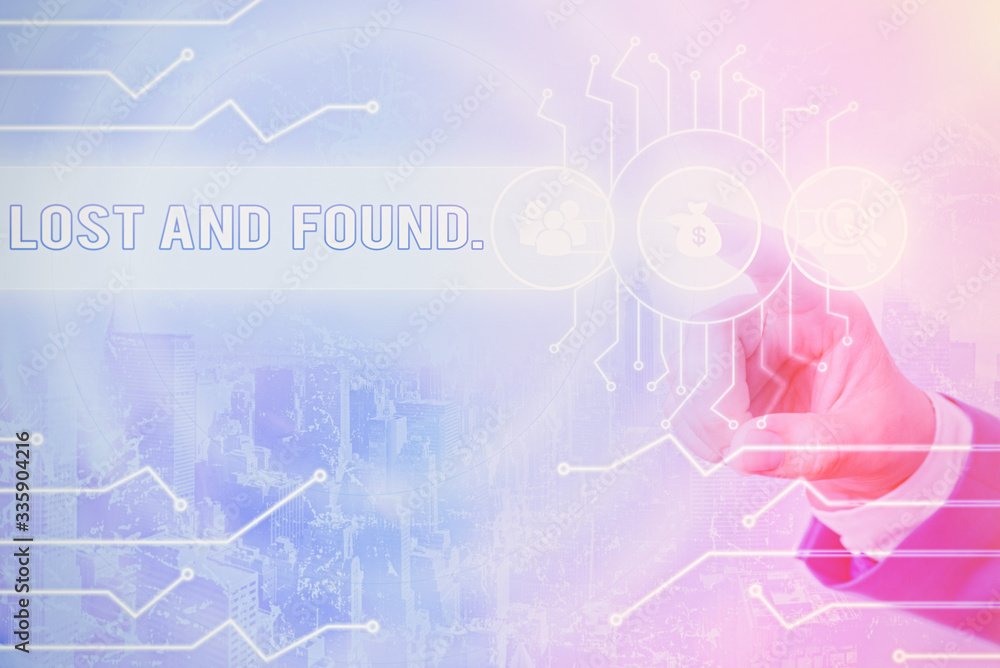 Naklejka premium Word writing text Lost And Found. Business photo showcasing a place where lost items are stored until they reclaimed