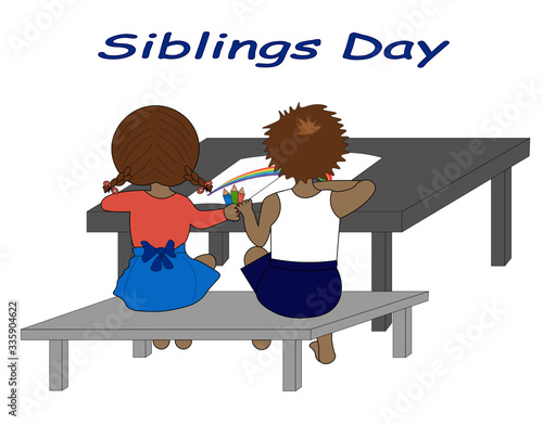 National Siblings Day greeting card. Boy and girl are sitting at the table and drawing together. Girl is giving pencils to her brother.