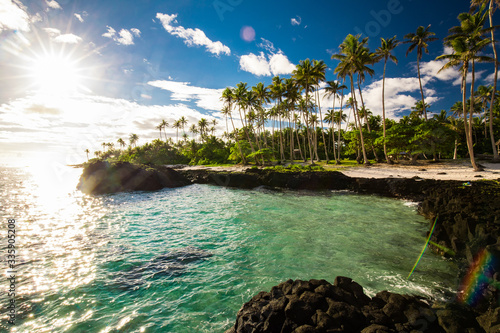 Tropical beach on south side of Samoa Island with coconut palm trees photo