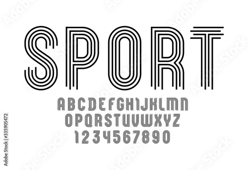 New striped font, black alphabet from lines, capital Latin letters from A to Z and Arab numbers from 0 to 9 for you designs, vector illustration 10EPS