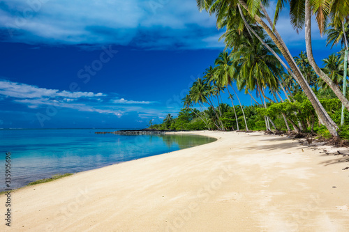Tropical beach on south side of Samoa Island with coconut palm trees