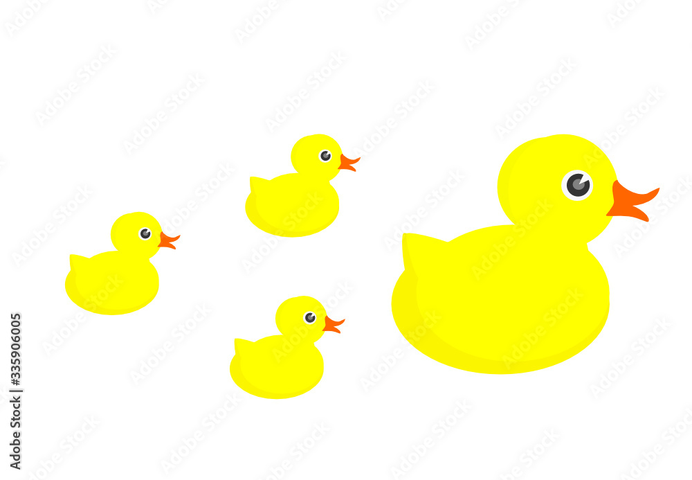 Flat vector illustration of a yellow rubber duck toy with ducklings isolated on a white background