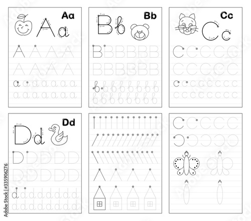 Set of black and white educational pages on line for kids. Learn to trace alphabet letters. Printable worksheet for children textbook. Developing writing skills. Back to school. ABC exercise book.