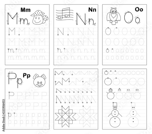 Set of black and white educational pages on line for kids. Learn to trace alphabet letters. Printable worksheet for children textbook. Developing writing skills. Back to school. ABC exercise book. photo