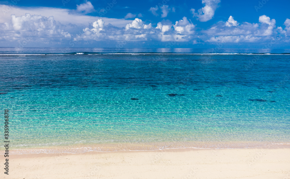 Fototapeta premium Tropical beach on south side of Samoa Island with coconut palm trees