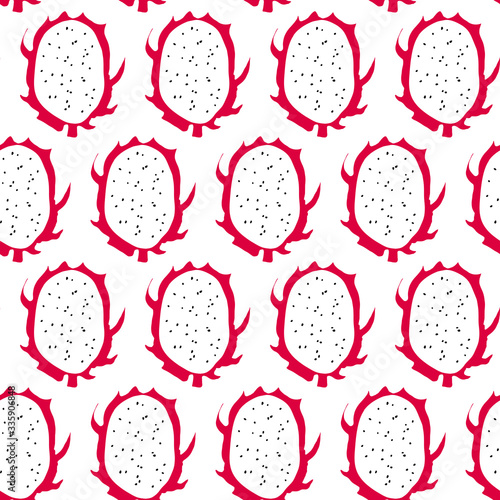 Seamless pattern with tropical dragon fruit and leaves. Summer print in doodle style.