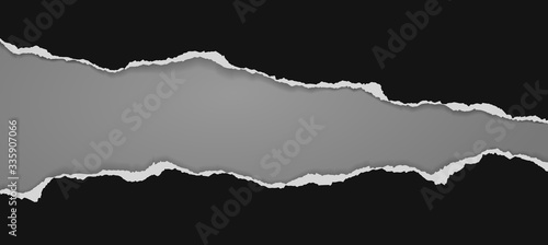 Pieces of torn black horizontal paper with soft shadow stuck on dark grey background. Vector illustration