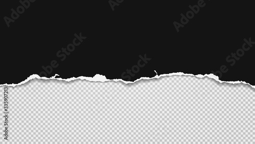 Piece of torn black horizontal paper with soft shadow stuck on white squared background. Vector illustration