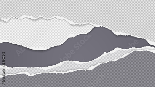 Pieces of torn white horizontal squared paper with soft shadow stuck on black background. Vector illustration