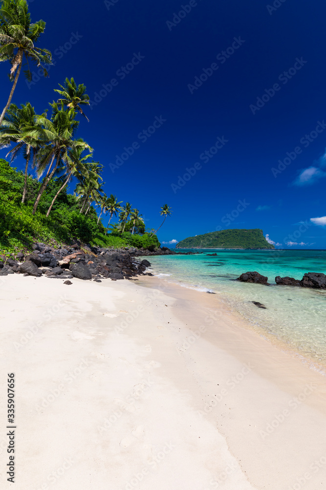 Tropical beach on south side of Samoa Island with coconut palm trees