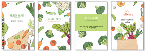 Set of posters with vegetables. Delivery of fresh farm vegetables.