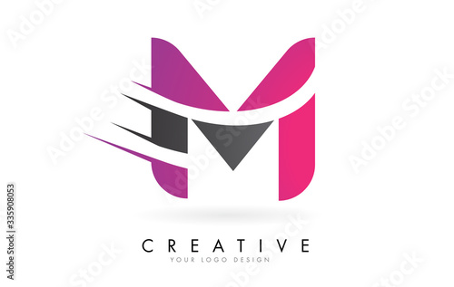 Fototapeta Naklejka Na Ścianę i Meble -  M Letter Logo with Pink and Grey Colorblock Design and Creative Cut
