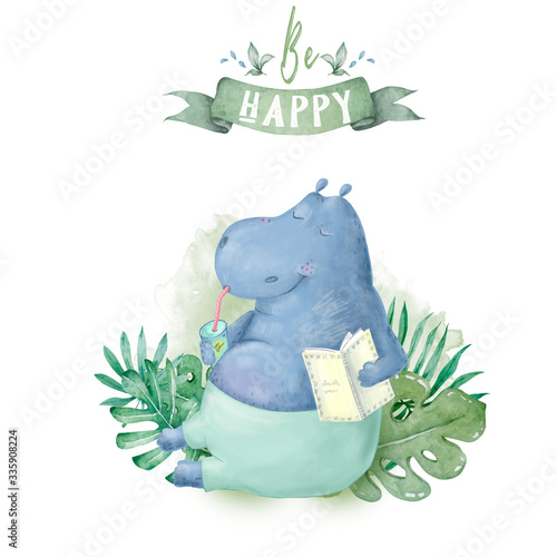 Hand drawn cute isolated tropical summer watercolor hippo animals. Two hippopotamus family cartoon animal illustrations, jungle tree and leaves, brazil trendy design. photo