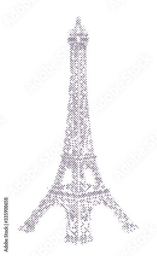 Eiffel Tower halftone illustration, desaturated purple dots on white background
