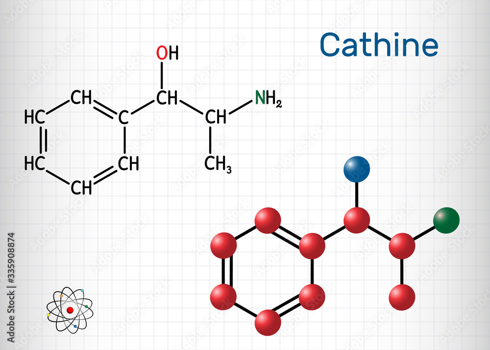 Cathine, norpseudoephedrine, C9H13NO molecule. It is alkaloid, psychoactive drug with stimulant properties. it is found naturally in Catha edulis, khat. Sheet of paper in a cage Cathine, norpseudoephedrine, C9H13NO molecule. It is alkaloid, psychoactive drug with stimulant properties. it is found naturally in Catha edulis, khat. Sheet of paper in a cage
