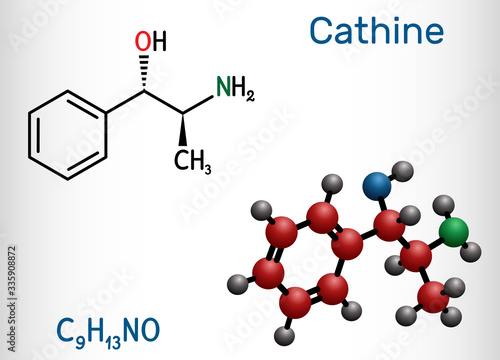 Cathine, norpseudoephedrine, C9H13NO molecule. It is alkaloid, psychoactive drug with stimulant properties.  it is found naturally in Catha edulis, khat. Structural chemical formula and molecule model