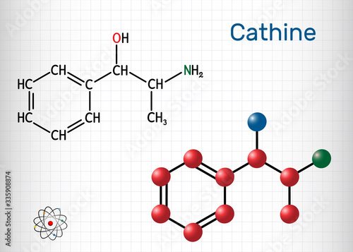 Cathine, norpseudoephedrine, C9H13NO molecule. It is alkaloid, psychoactive drug with stimulant properties.  it is found naturally in Catha edulis, khat. Sheet of paper in a cage