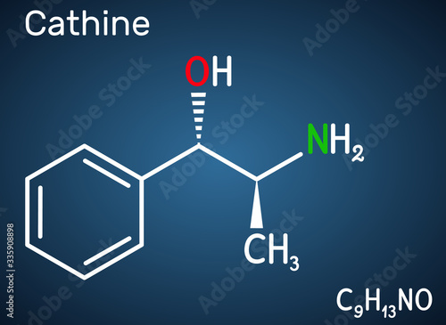 Cathine, norpseudoephedrine, C9H13NO molecule. It is alkaloid, psychoactive drug with stimulant properties.  it is found naturally in Catha edulis, khat. Structural chemical formula and molecule model