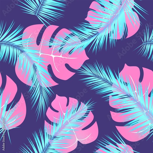 Seamless tropical background with neon palm branches
