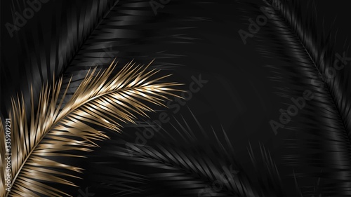 Dark illustration with black and gold palm branches and leaves
