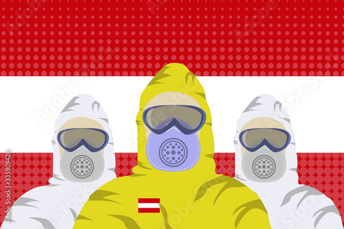 Illustration vector graphic of image health workers in protective hazmat suit isolated on Austria flag background. Safety virus infection concept. Concept of coronavirus quarantine. covid-19.