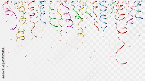 Colorful confetti and ribbons on a transparent background, falling party decorations