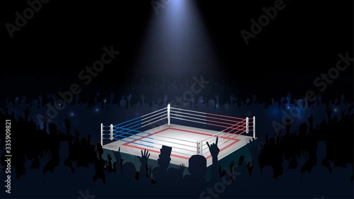 Empty boxing ring in a dark room and crowd, platform for fighting competitions top view