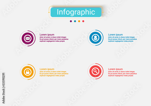 The vector design business infographic uses concepts creative circle template infographic with 4 options. It can be used for layout, workflows, diagrams, business process options, banners, web design.