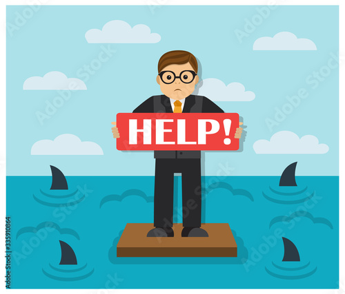 
A man with a sign asks for help drifts on a board in a sea full of sharks

