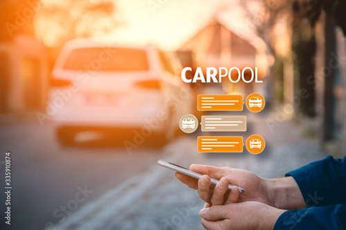 Carpool concept - modern form of mobility passenger transport. Person with smartphone is looking for carpooling or rideshare. photo