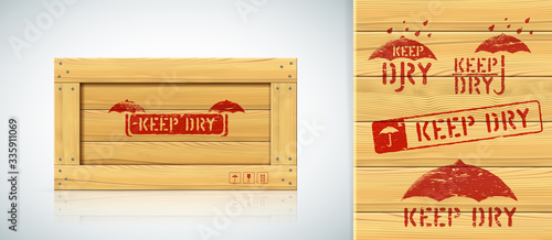 Delivery vintage stamps on wooden texture. Military style symbols for transportation of cargo. Fragile freight sign on realistic shipping box. Marks on container with retro effect