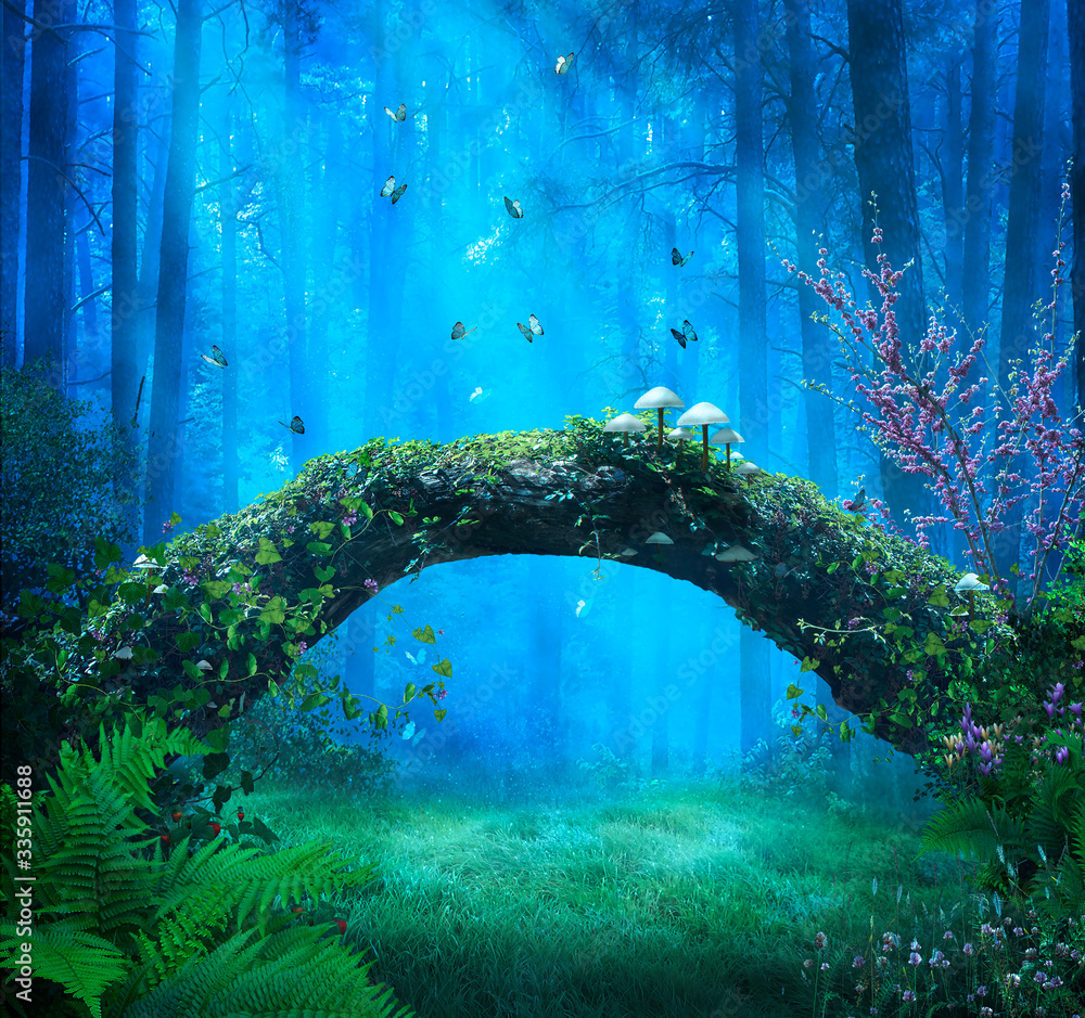Magic forest at night and rays of light illuminating a trunk and blue butterflies - obrazy, fototapety, plakaty 