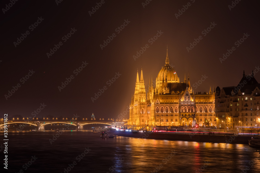 Hungarian parliament at winter night light, Budapest